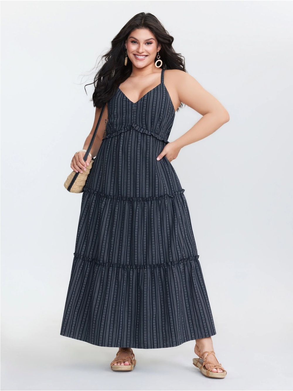 NWT BloomChic Striped Linen Blend Tiered Maxi Dress Indigo Size 10 $52.90